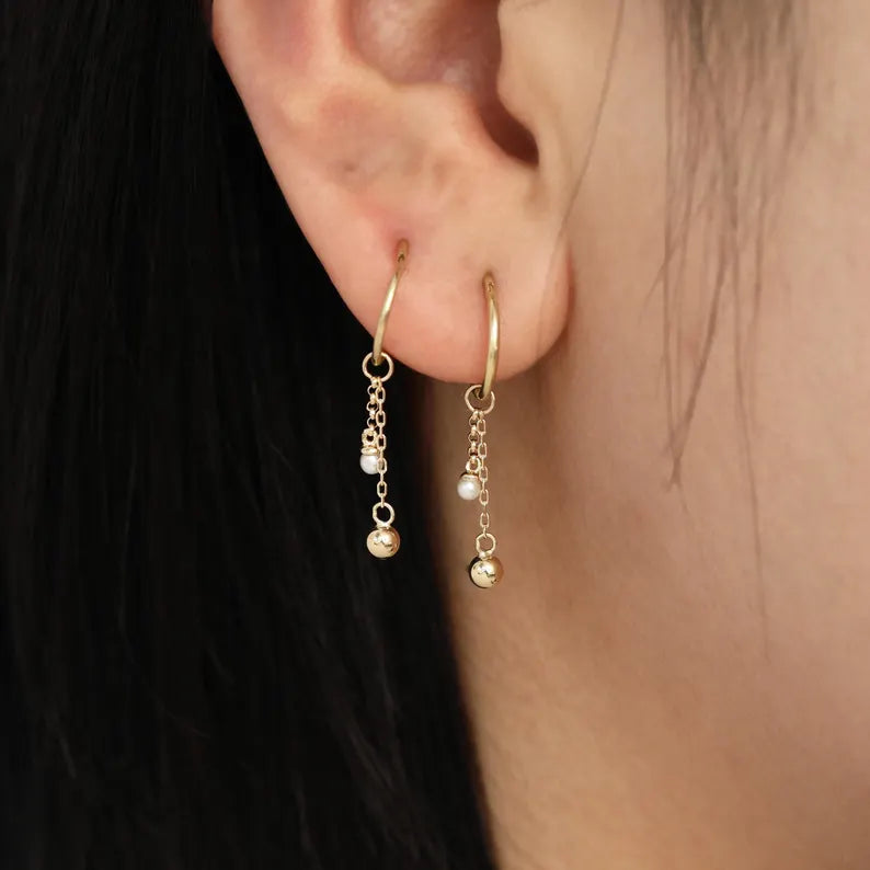 14K Gold Pearl Ball Dangle Chain Helix Earring