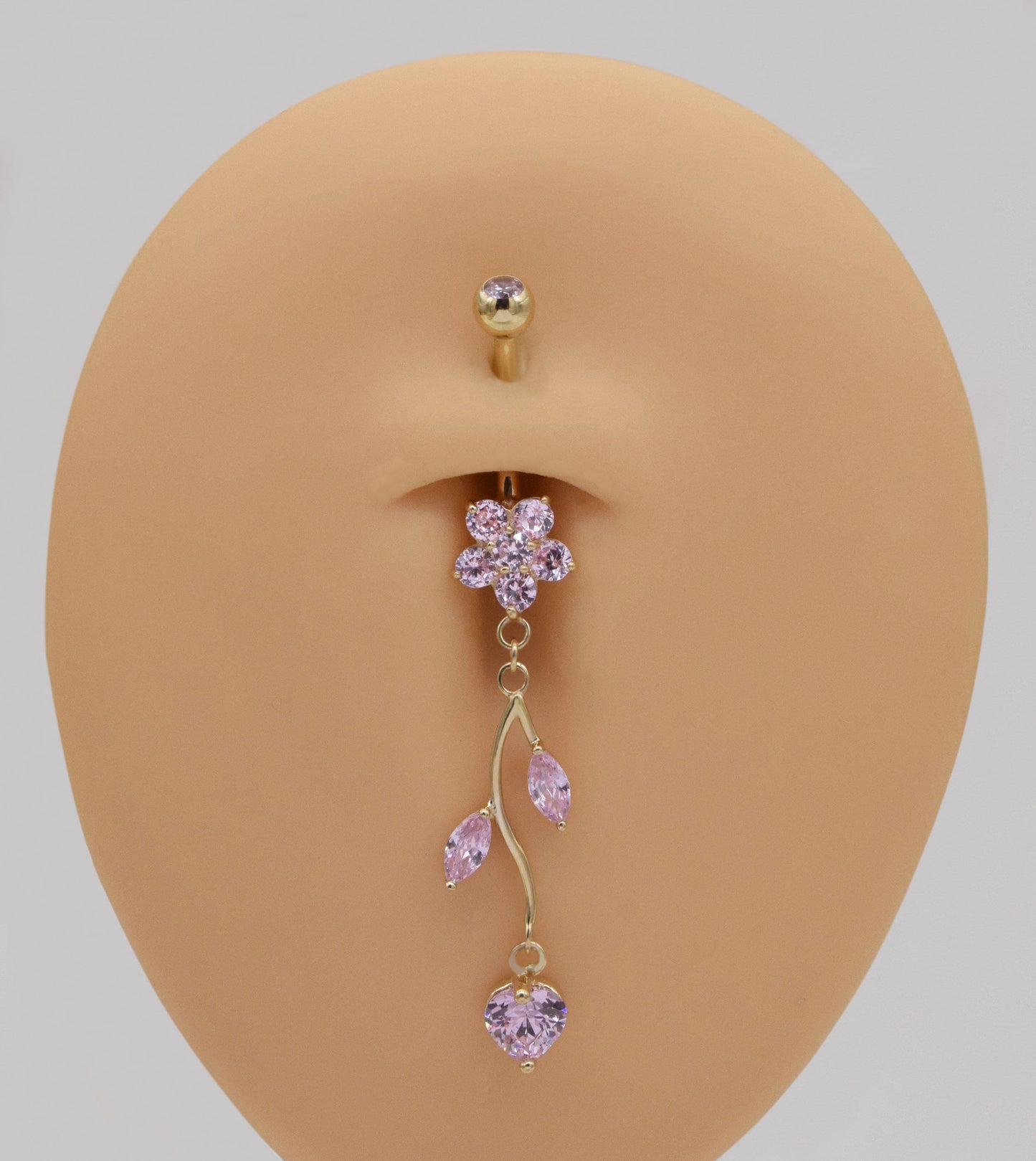 14K Solid Gold Pink Flower Belly Ring