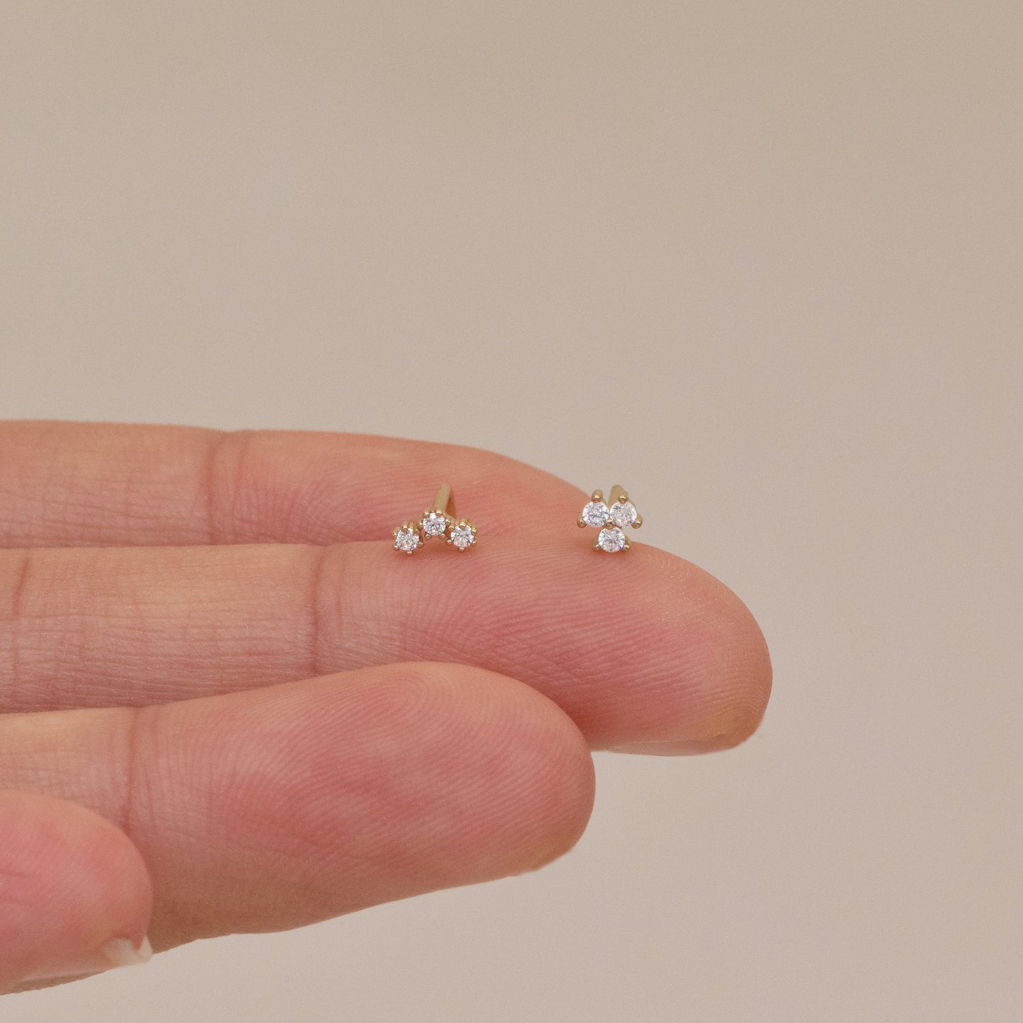 14K Solid Gold Three Stone L-Shape Nose Stud 20g