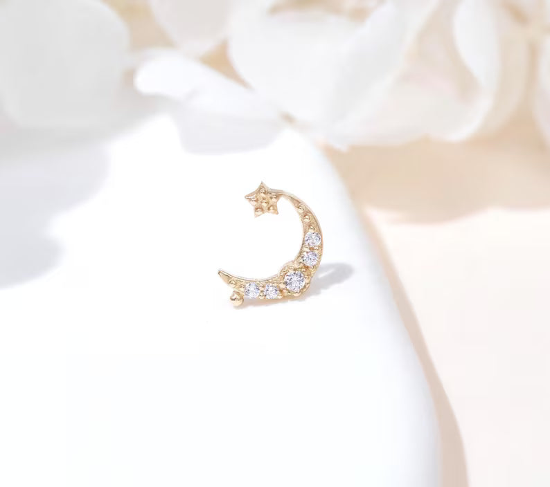 14k Gold Moon Star Helix Tragus Conch Stud
