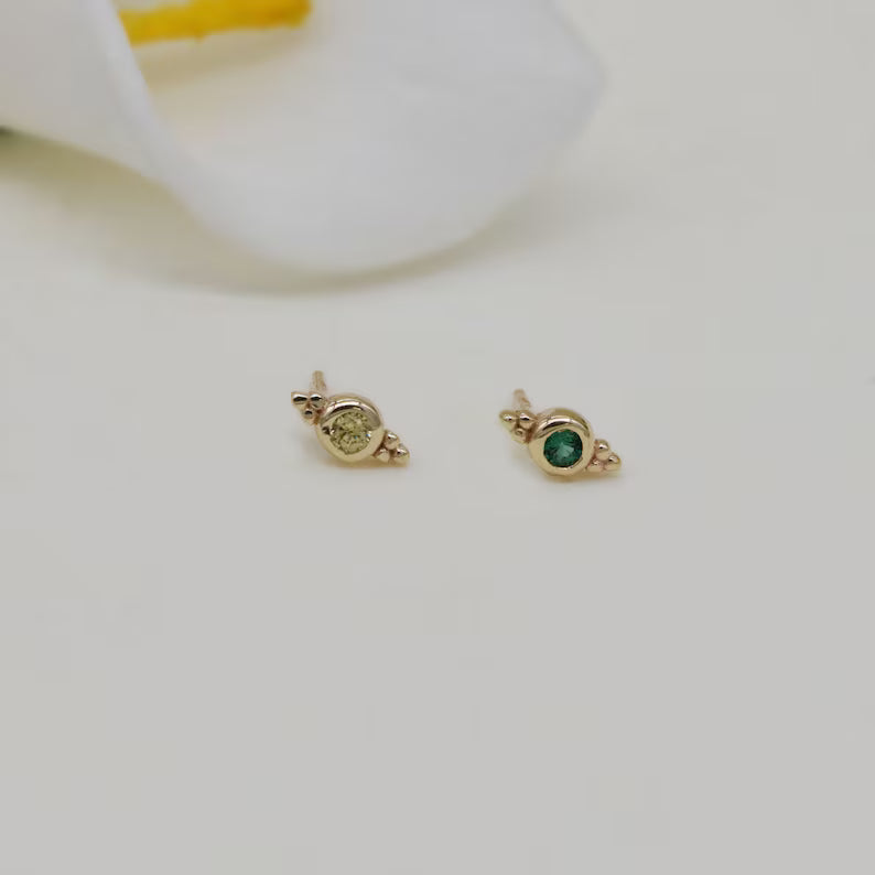 14K Solid Gold Three Bead Helix Stud