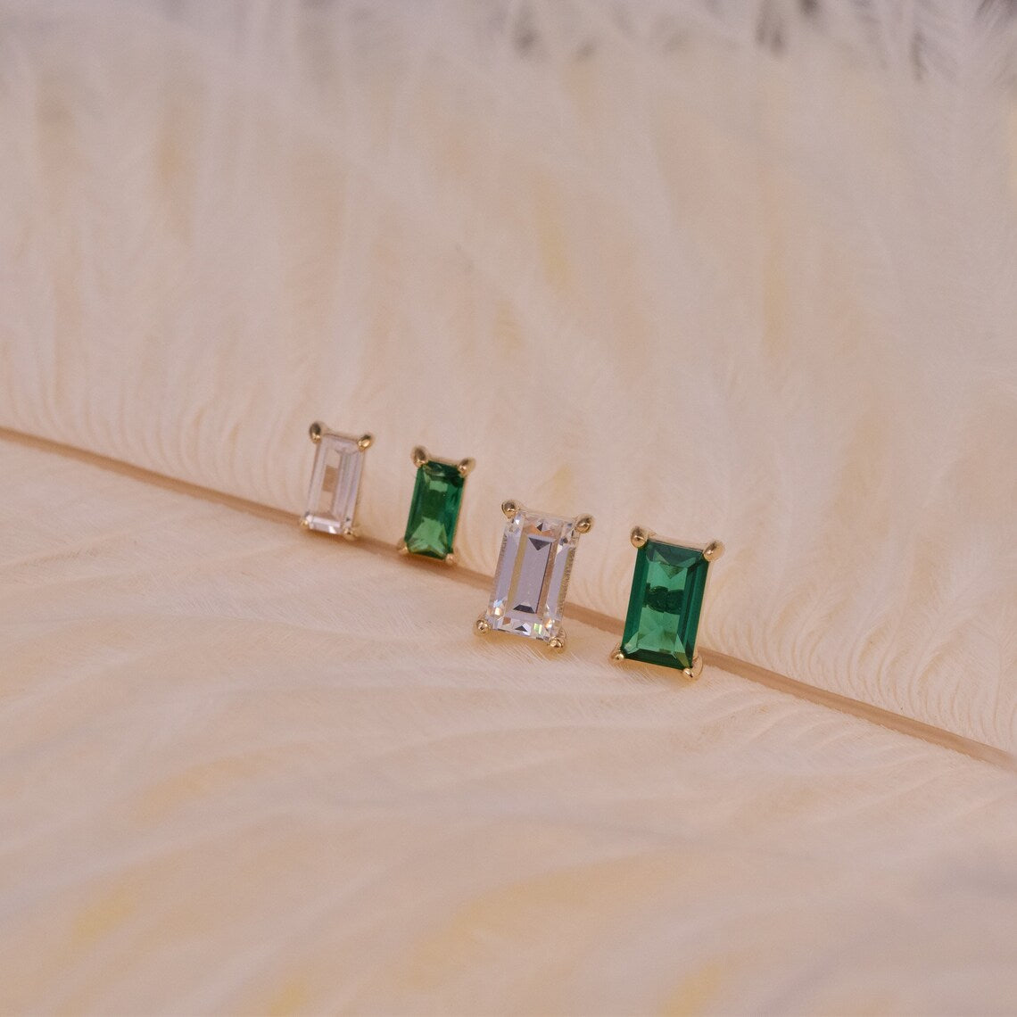 14K Gold Tiny Baguette Emerald Cartilage Stud