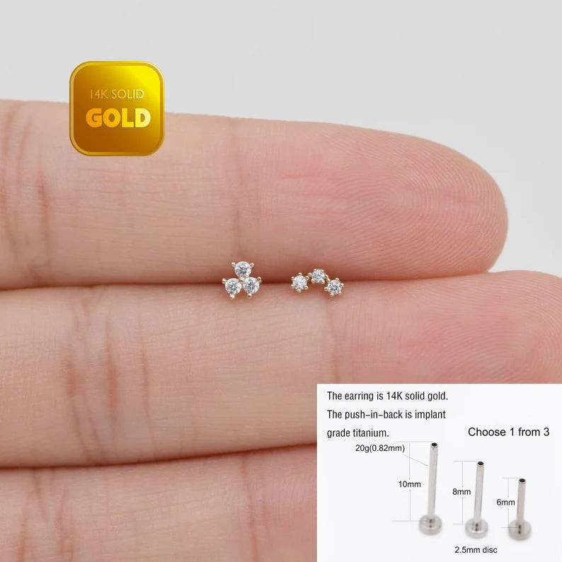 14K Gold Three Stone Cartilage Stud
