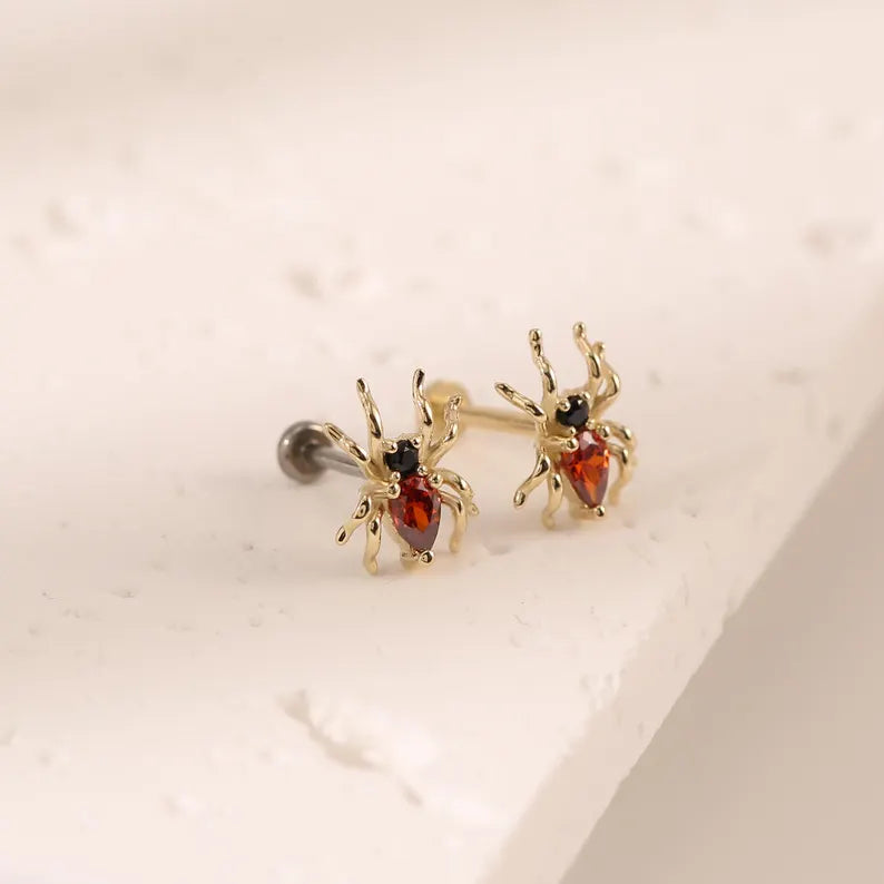 14K Solid Gold Red Spider Stud Earring for Cartilage