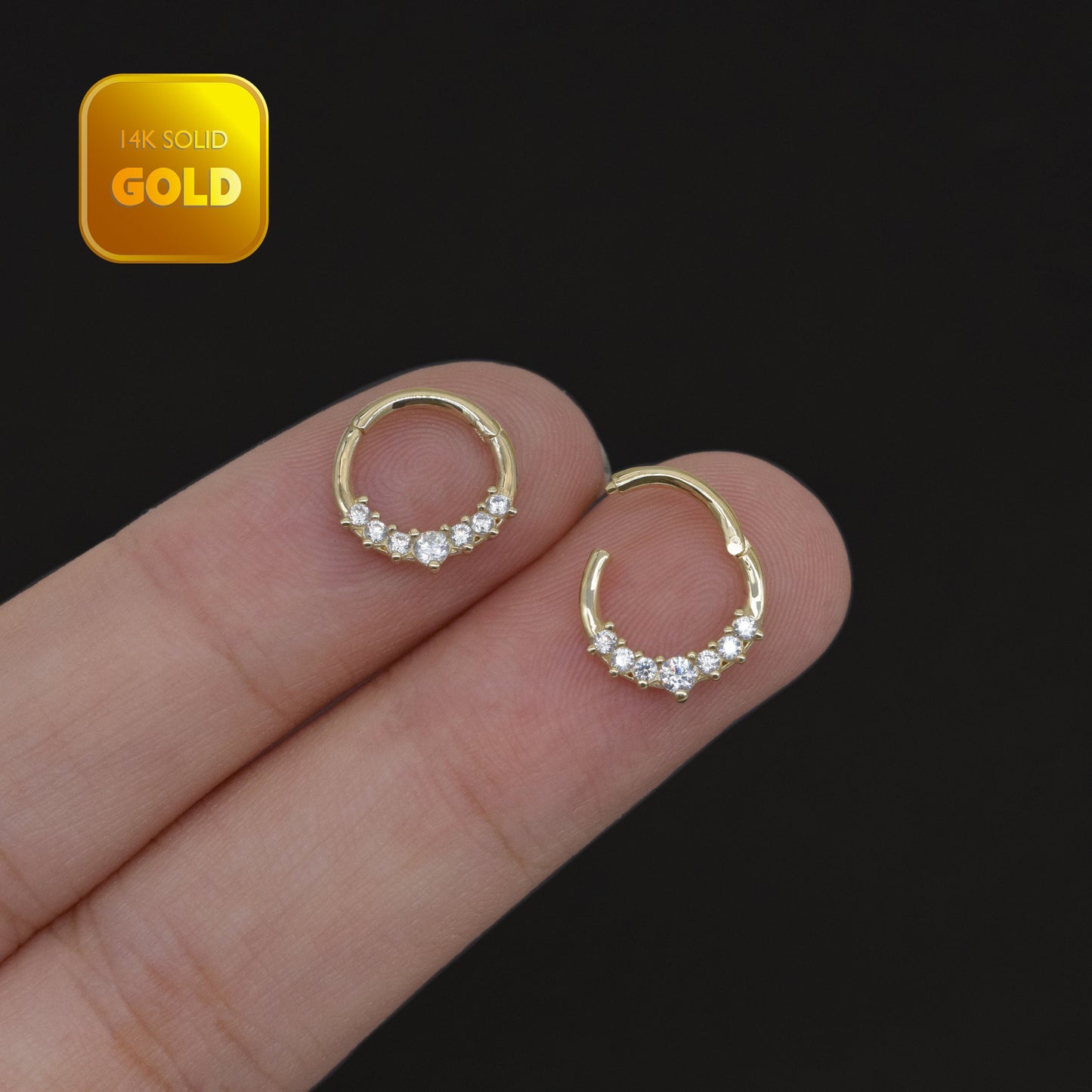 14K Solid Gold Diamond Septum Nose Ring Hinged Hoop 16g Gift For Her