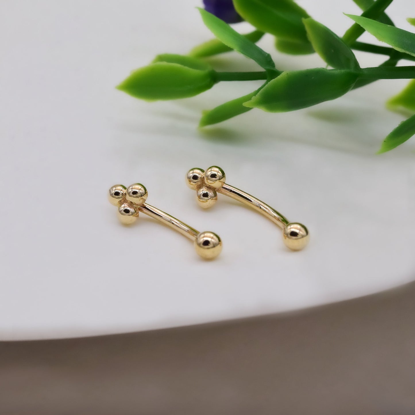 14K Solid Gold Trinity Ball Curved Barbell Earring 16G