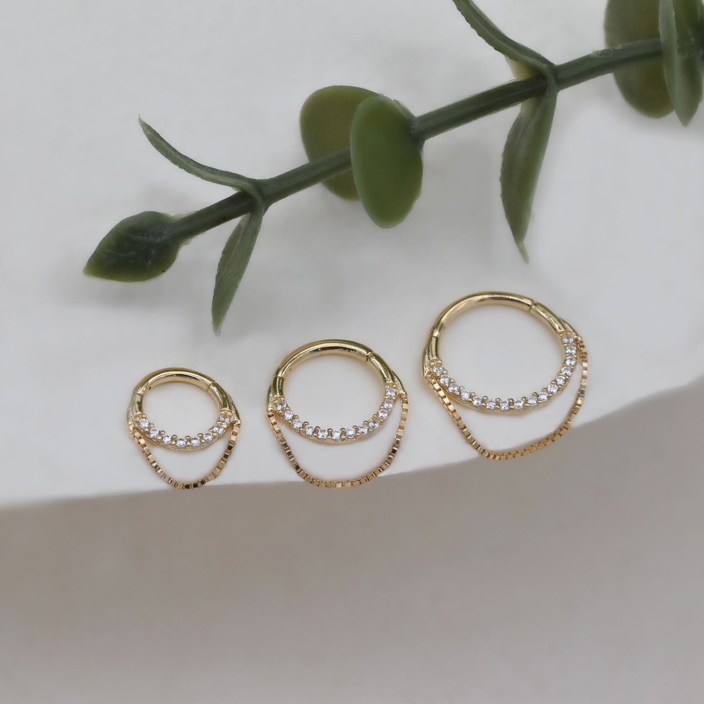 14K Solid Gold Box Chain Hoop Earring with Dangle 16G