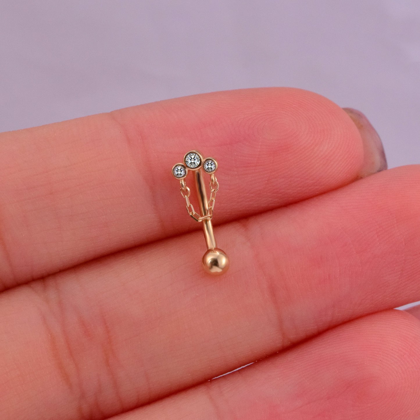 14K Solid Gold 3 Bezel Stone Rook Daith Piercing Chain Curved Barbell