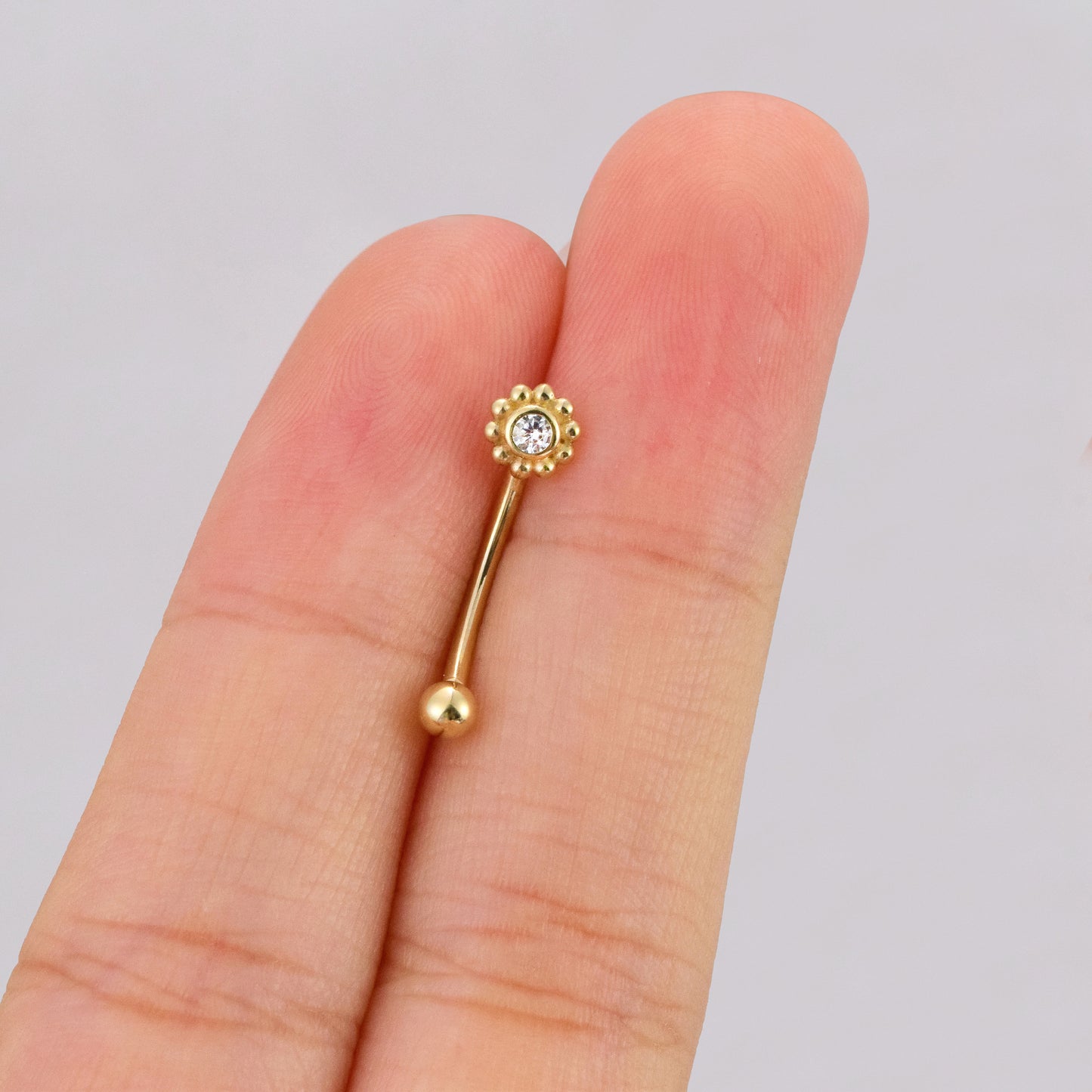 14K Solid Gold Sunflower Rook Piercing Curved Barbell Cubic Zirconia Belly Button 16g