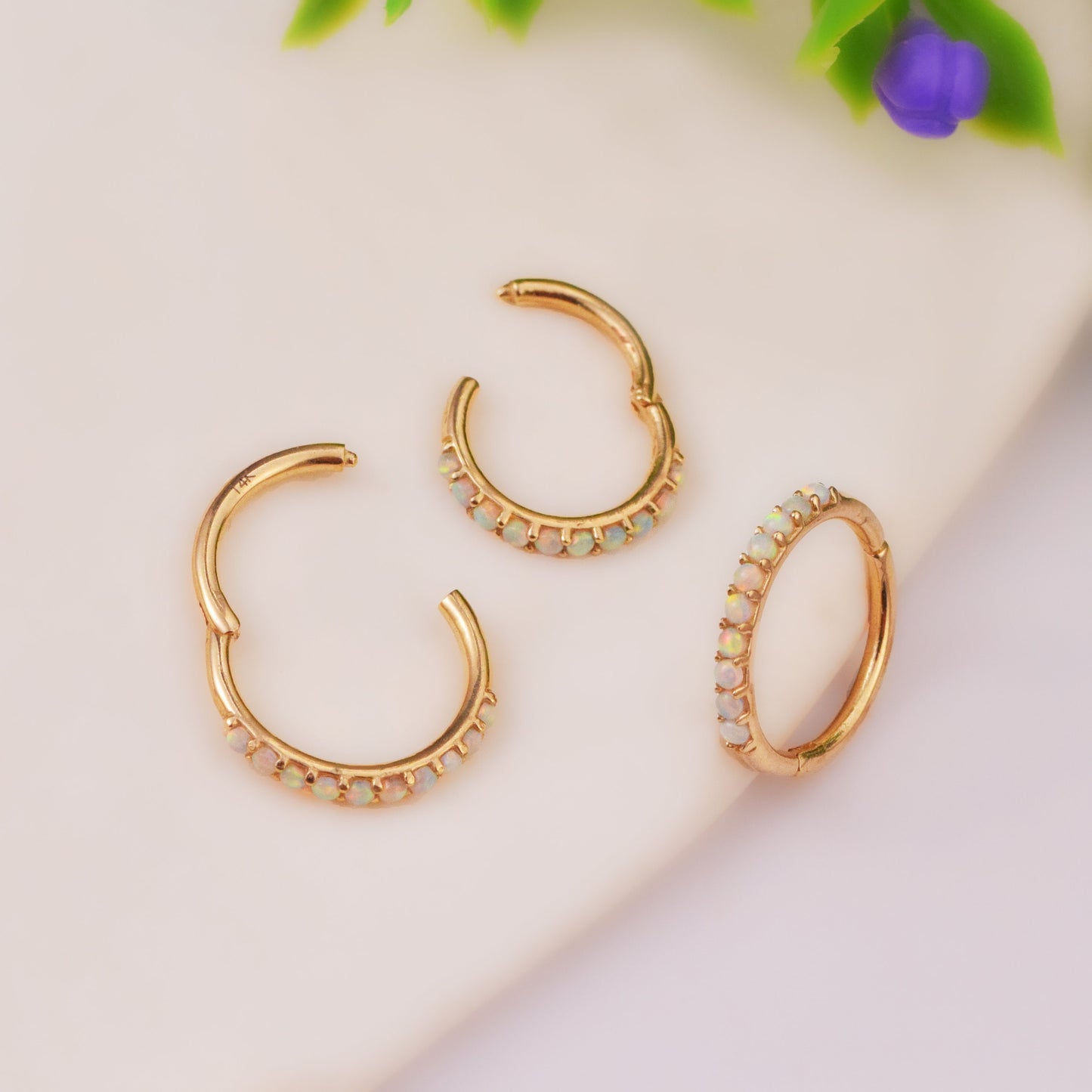 14K Solid Gold Opal Septum Nose Ring 16g