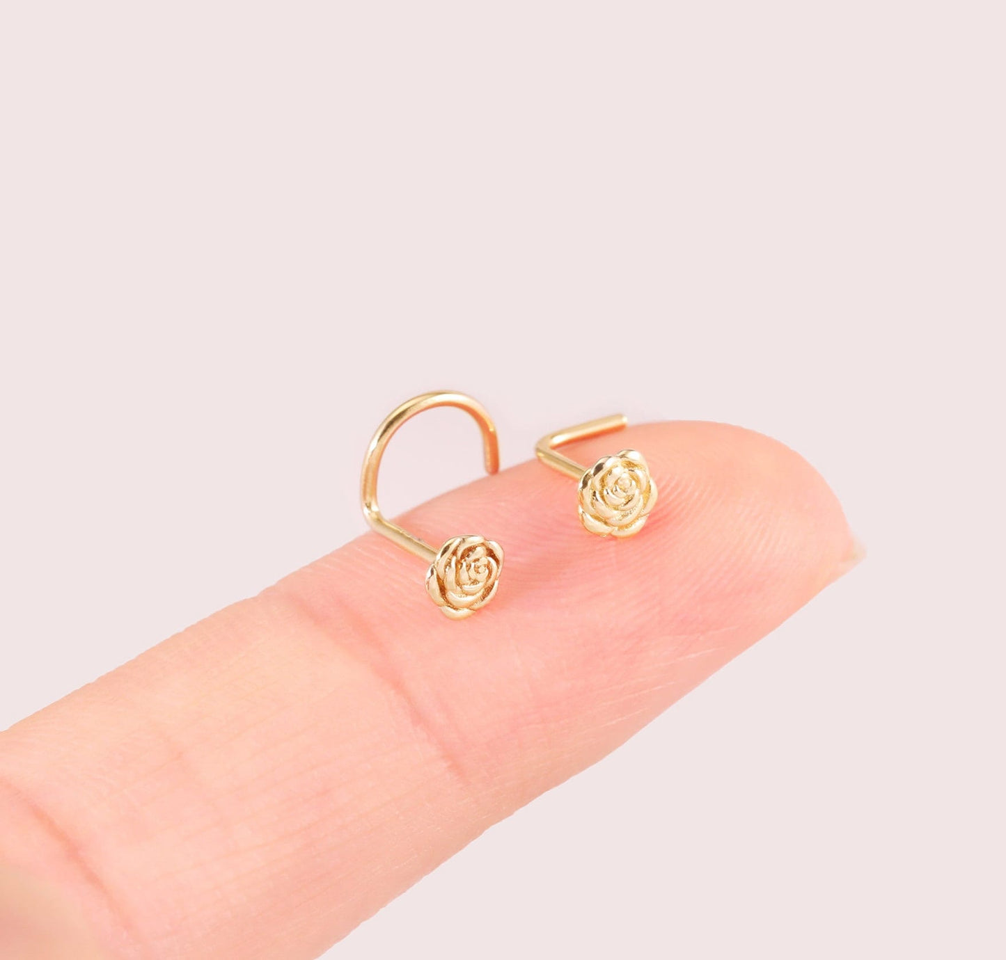 14K Solid Gold Rose Nose Stud Tiny L-Shape Flower Ring Dainty S-shape Piercing 20g