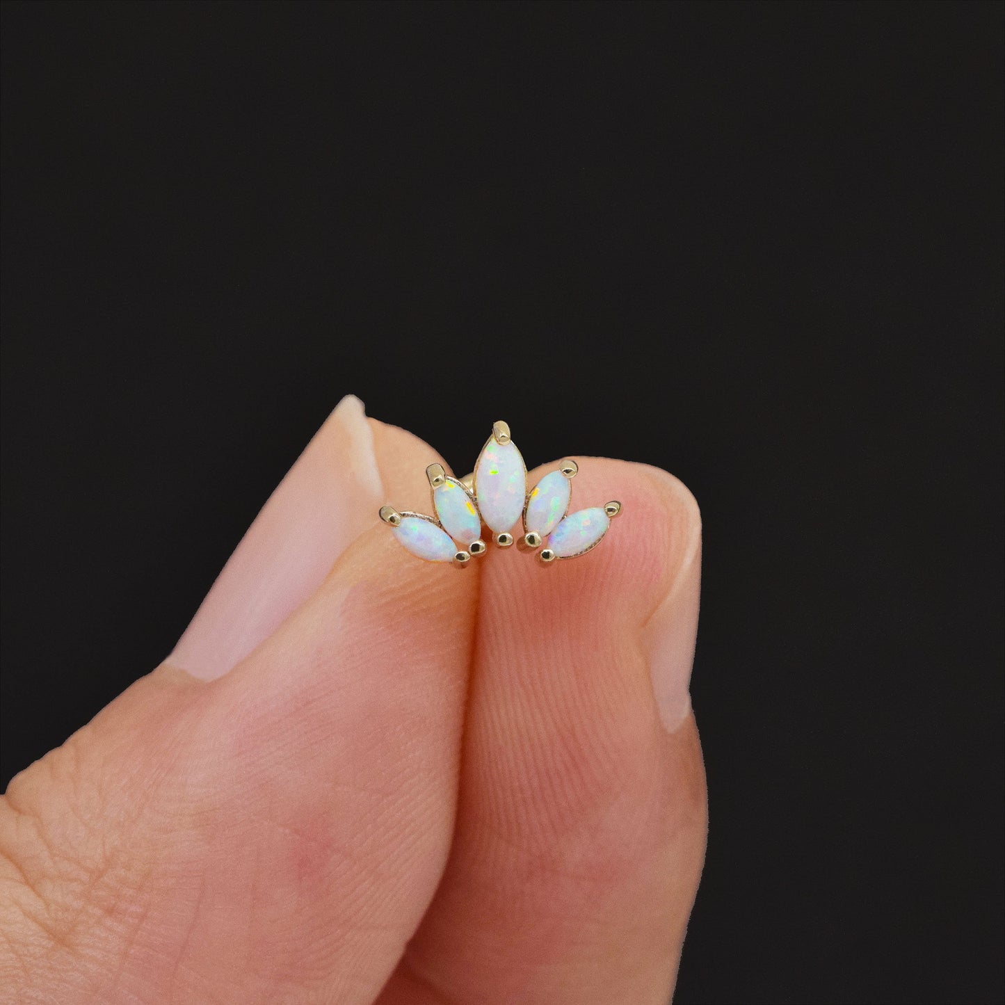 14K Solid Gold Opal Crown Stud Marquise Fan Earring 18g