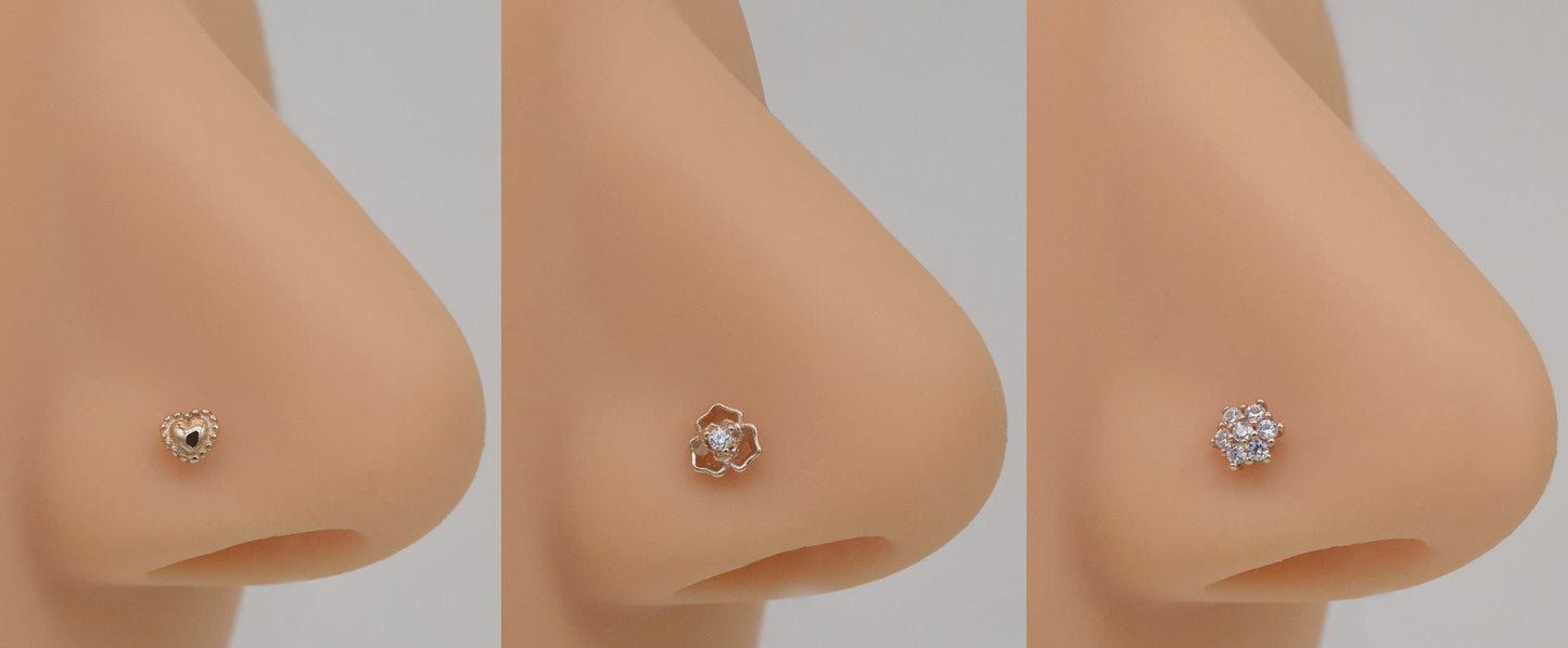 14K Solid Gold Flower Heart Nose Stud Diamond Screw Back 20G Gift for Her