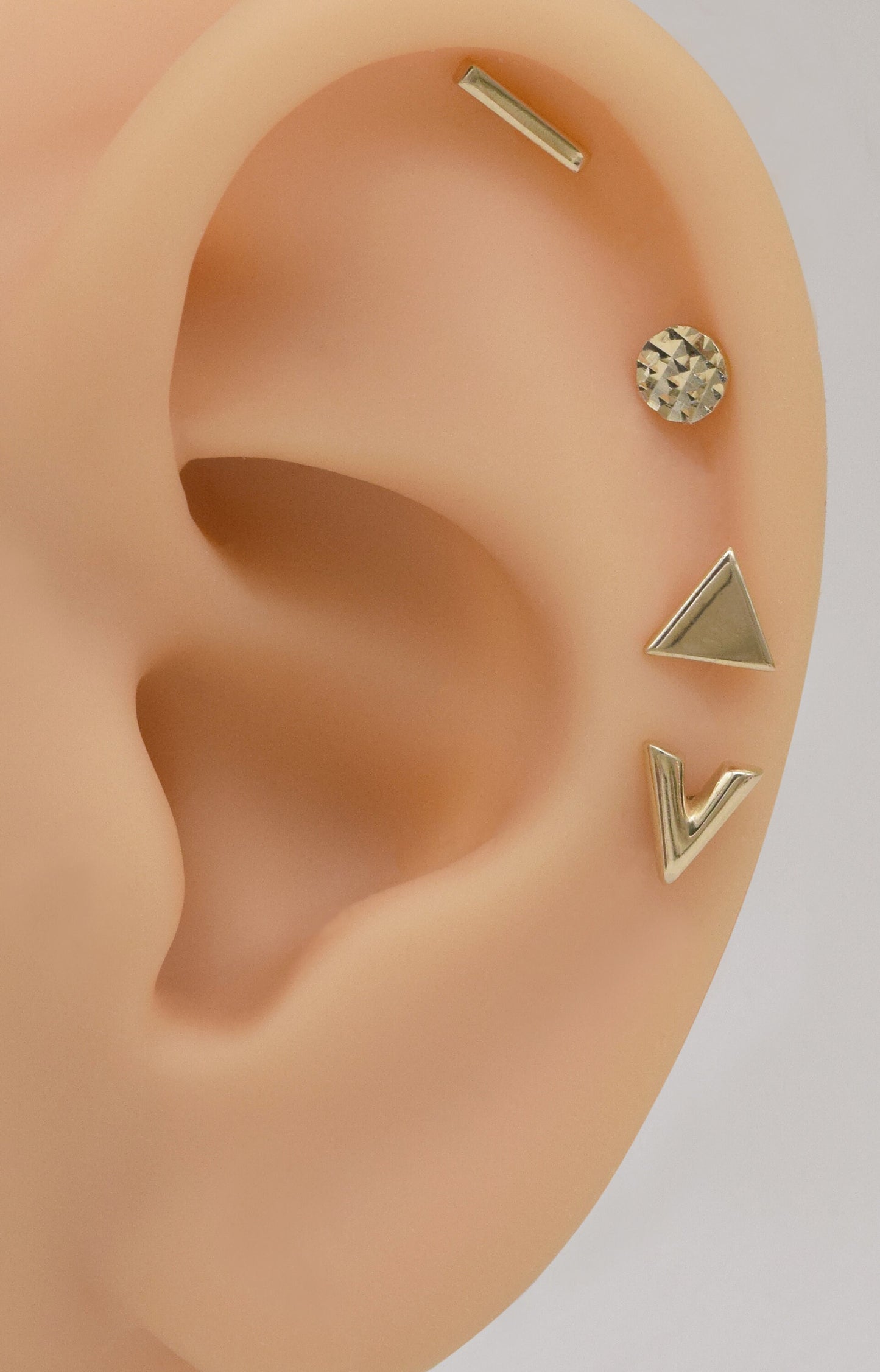 14K Solid Gold Geometric Stud Earrings V Shape Triangle Circle Dot 18g