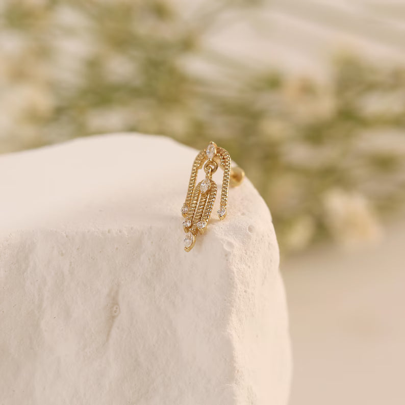 14K Gold Waterfall Chain Cartilage Earring Flat Back