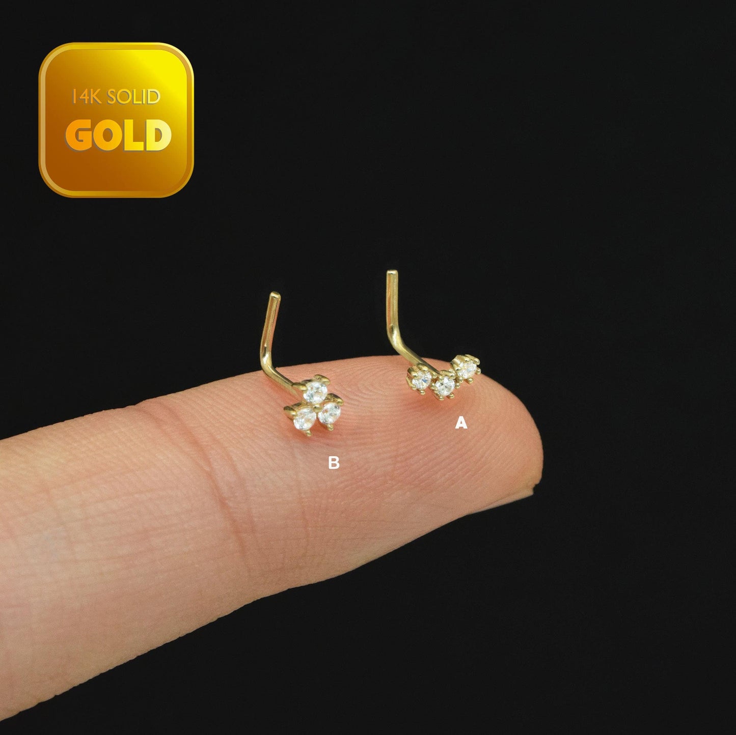 14K Solid Gold Three Stone L-Shape Nose Stud 20g