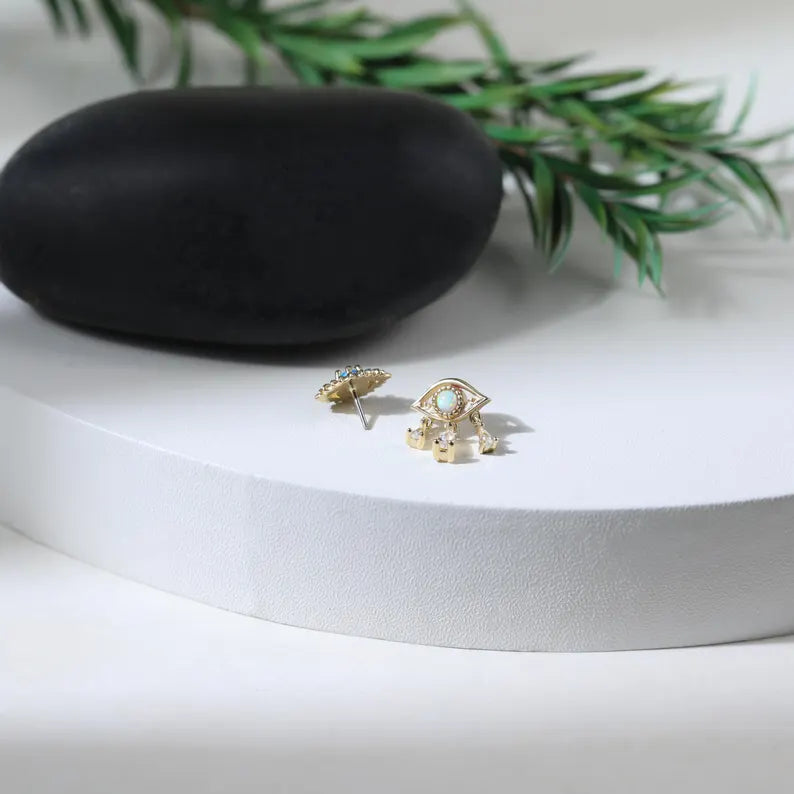 14K Gold Opal Evil Eye Stud