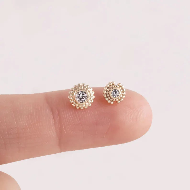 14K Solid Gold Sun Beaded Stud