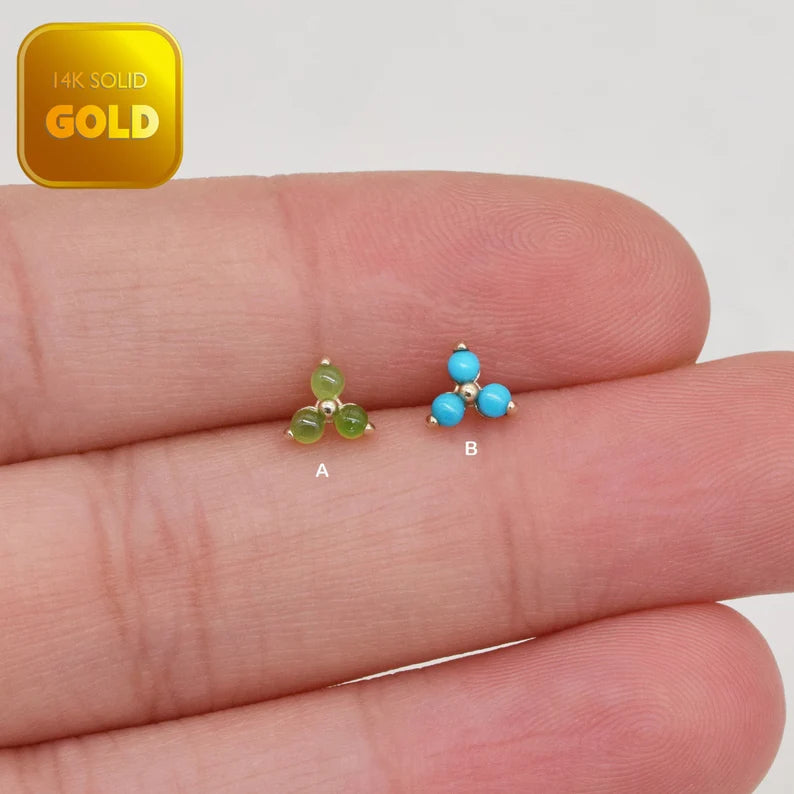 14K Solid Gold Turquoise & Jade Cartilage Stud Earring