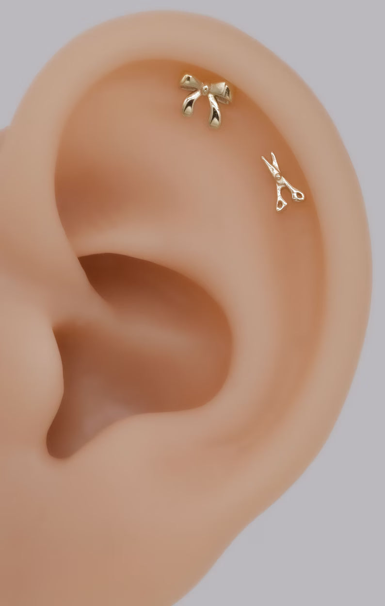 14K Gold Dainty Ribbon Bow Cartilage Stud Earring