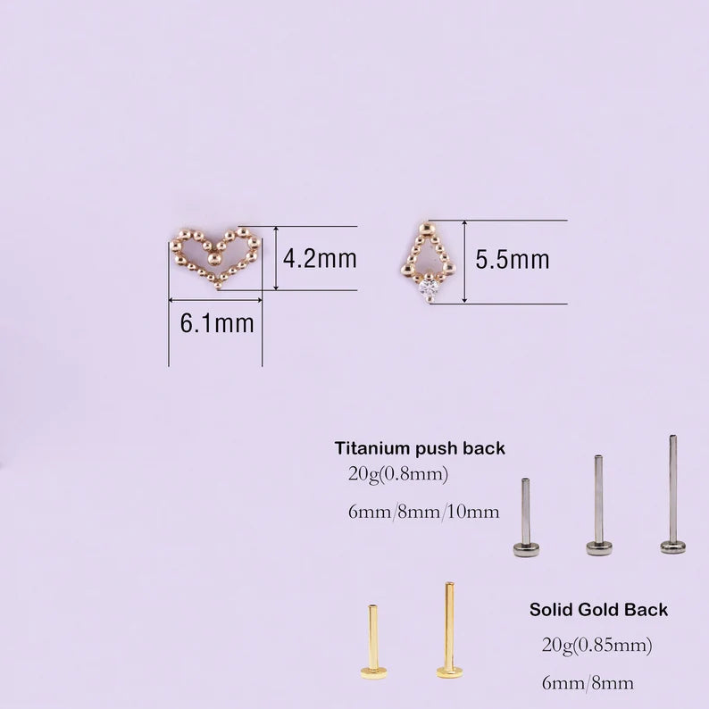 14K Solid Gold Rhombus & Heart Cartilage Studs