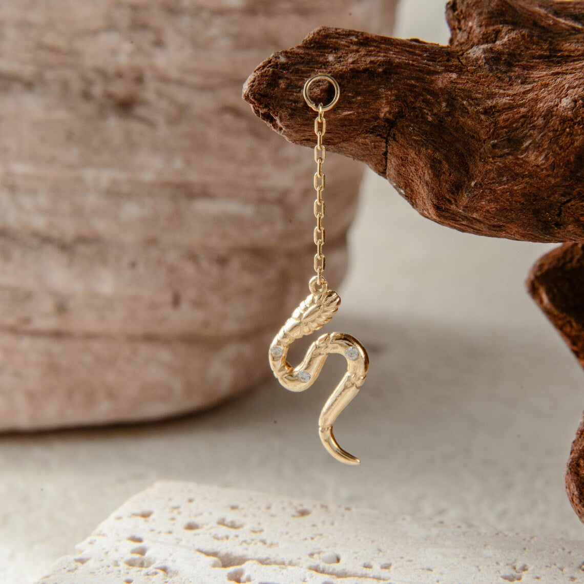 14K Gold Dangle Snake Chain Helix Earring