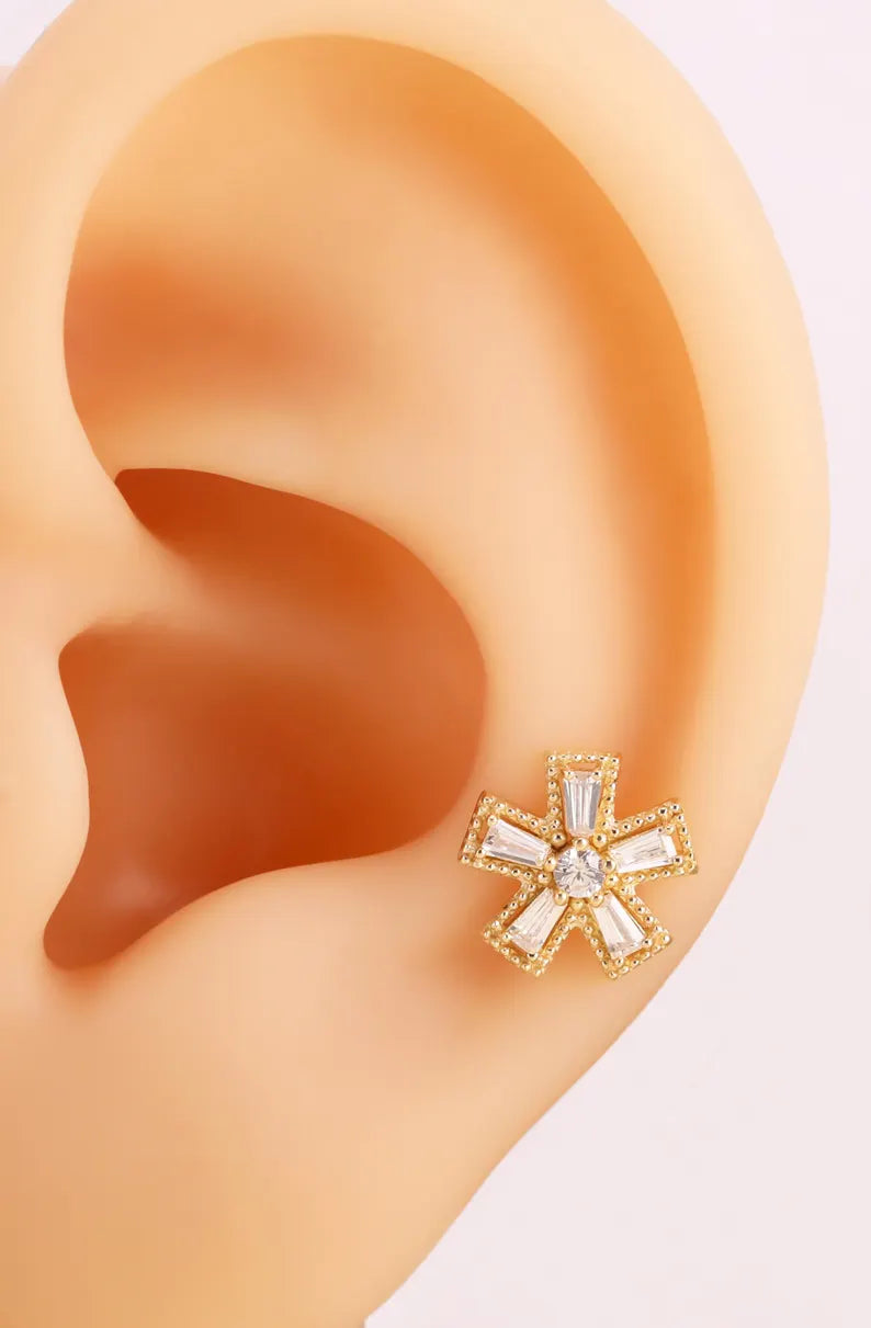 14K Solid Gold Snowflake Flower Cartilage Helix Tragus Stud