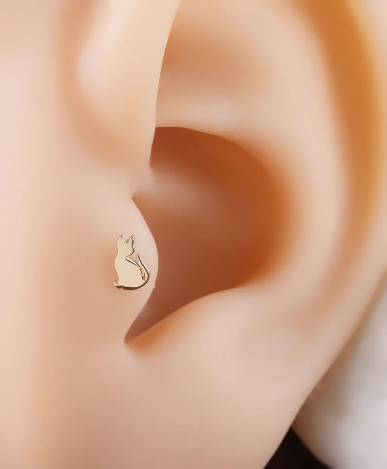 14K Solid Gold Cat Stud Earrings
