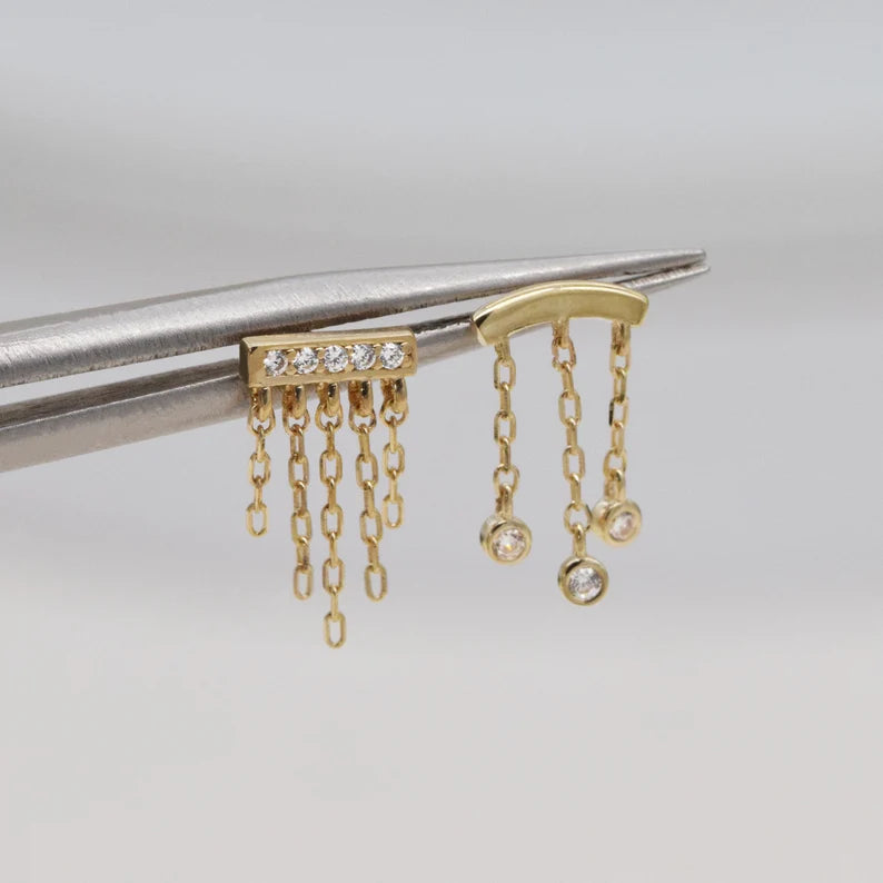 14K Solid Gold Bar Chain Earring