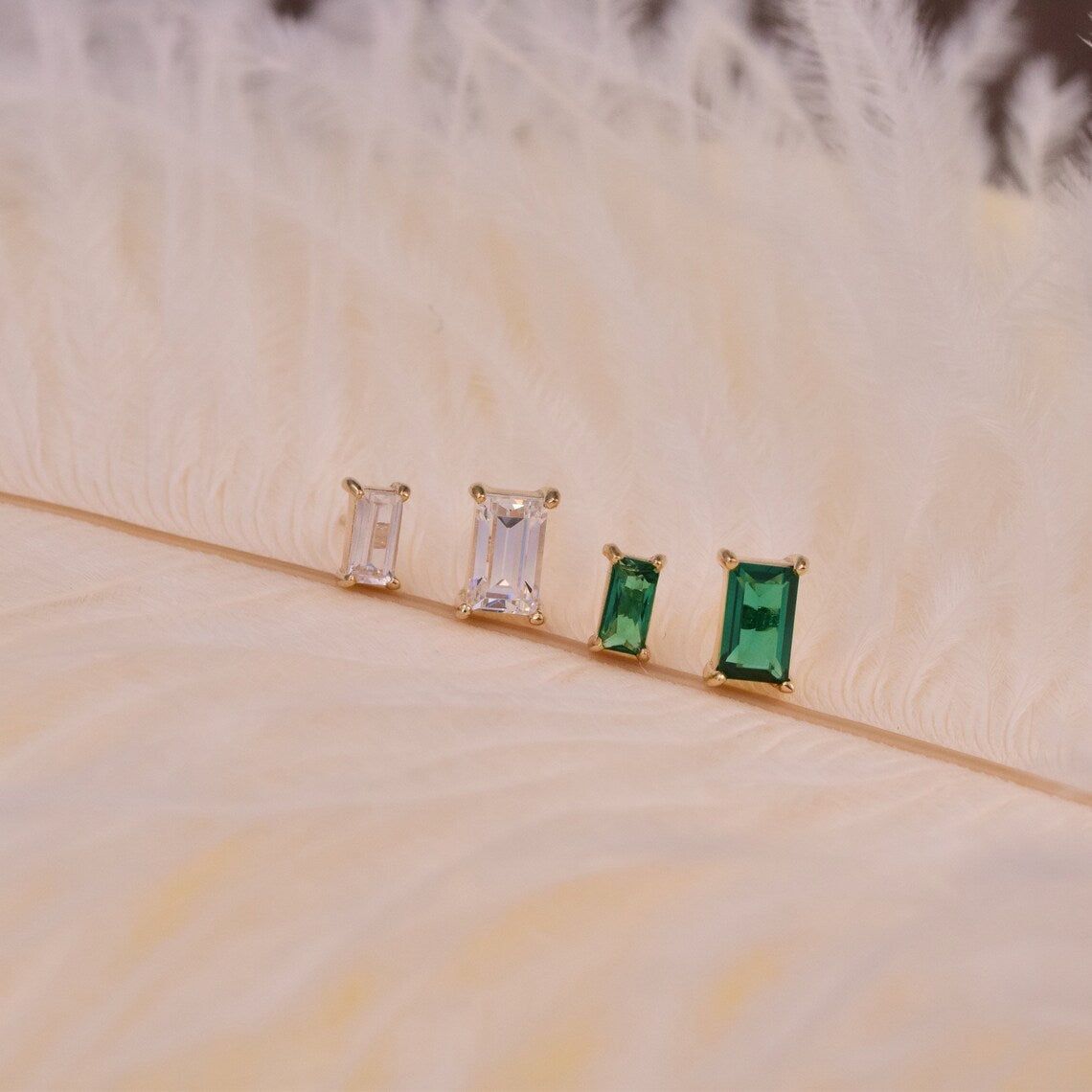 14K Gold Tiny Baguette Emerald Cartilage Stud