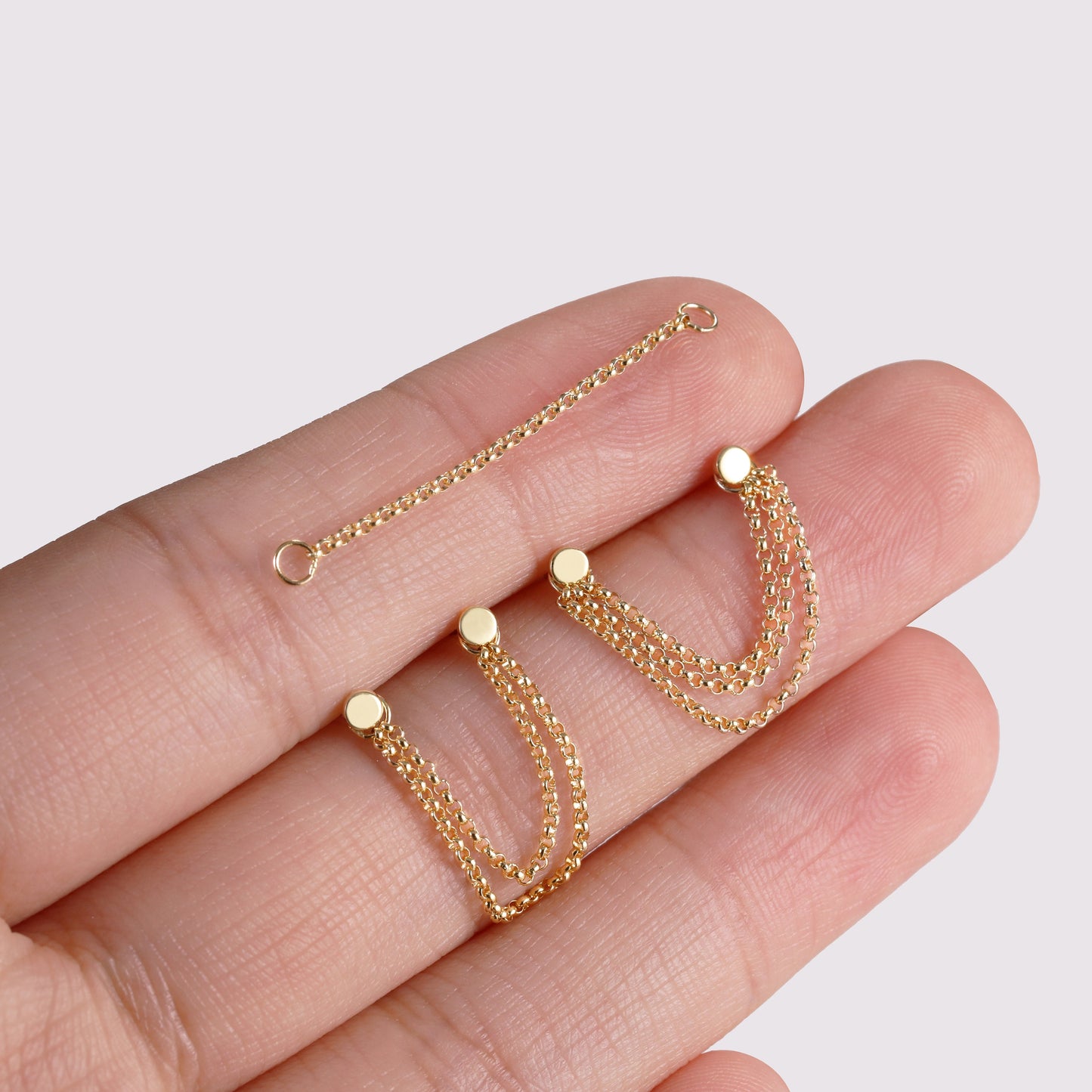 14K Solid Gold Triple Chain Earring Double Chain Piercing Helix Link Connector