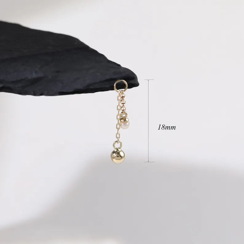 14K Gold Pearl Ball Dangle Chain Helix Earring