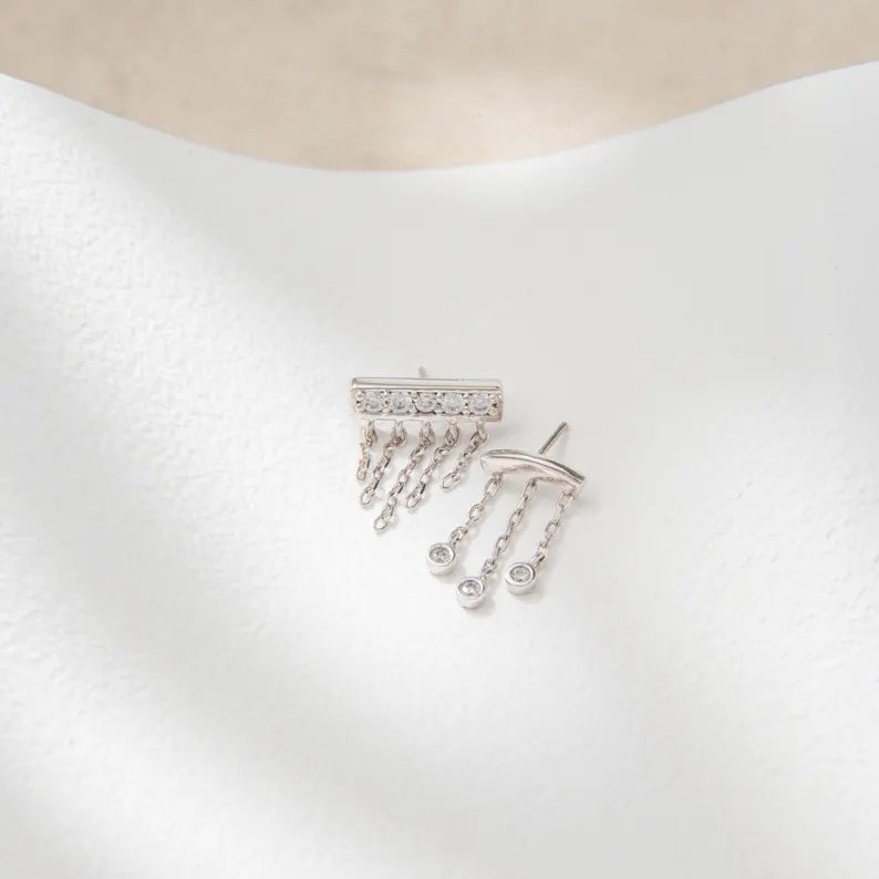 14K White Gold Bar Chain Stud