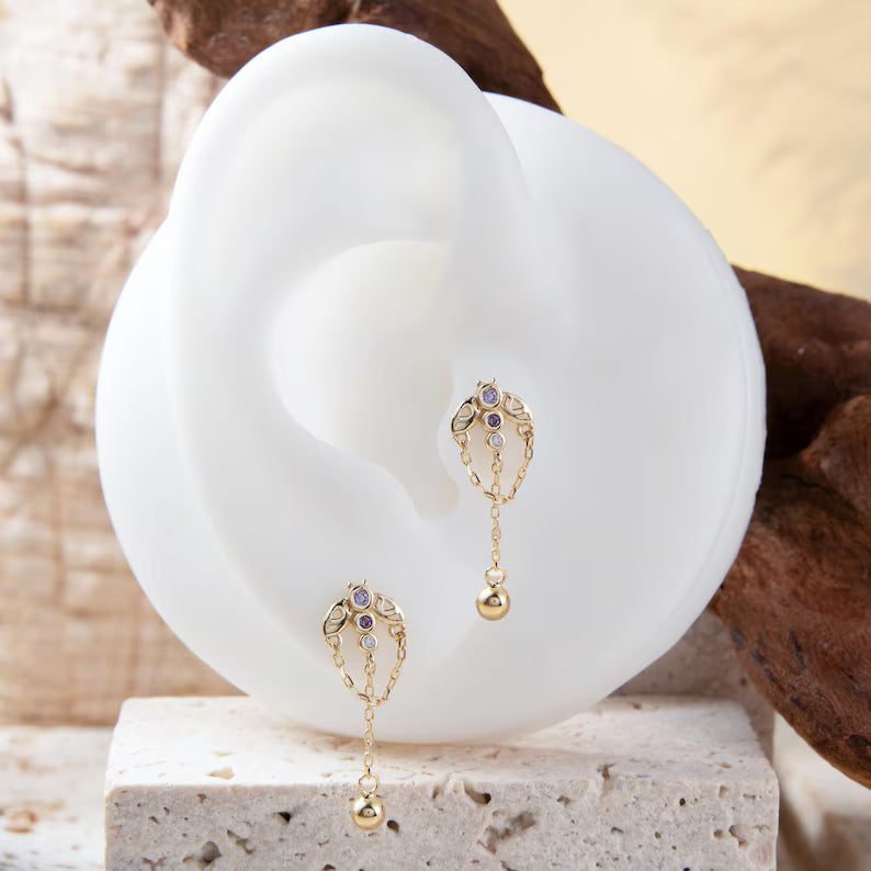 14K Gold Butterfly Chain Stud Earring