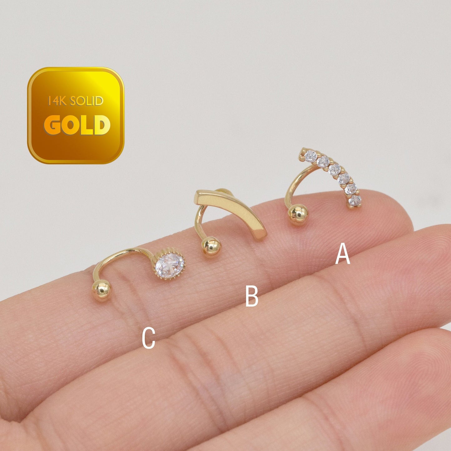 14K Solid Gold U-Shape Double Hole Screw Ball Huggie Earring 18g
