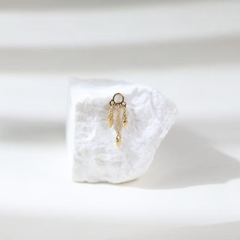 14K Gold Dangle Cone Triple Chain Tragus Earring