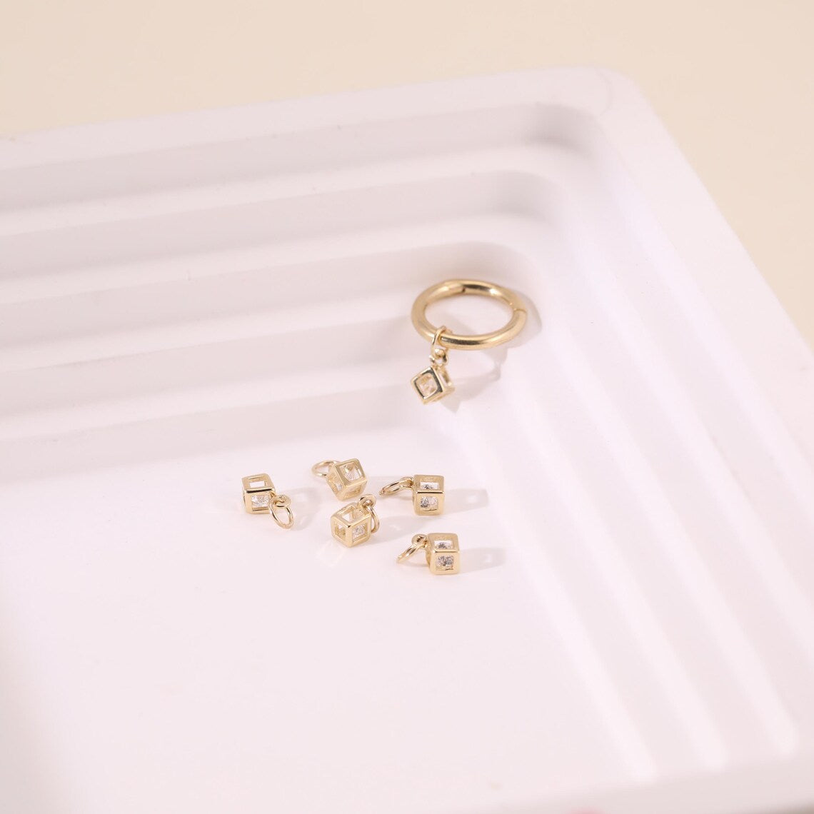 14k Solid Gold Hollow CZ Cube Charm Stud Earring