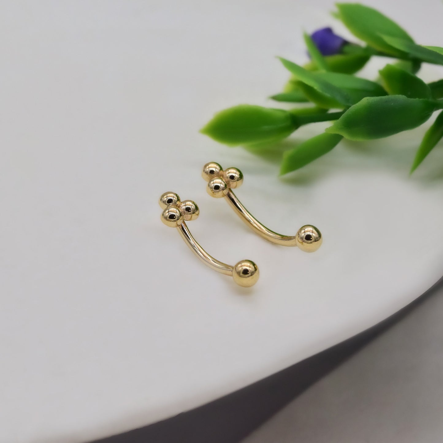 14K Solid Gold Trinity Ball Curved Barbell Earring 16G