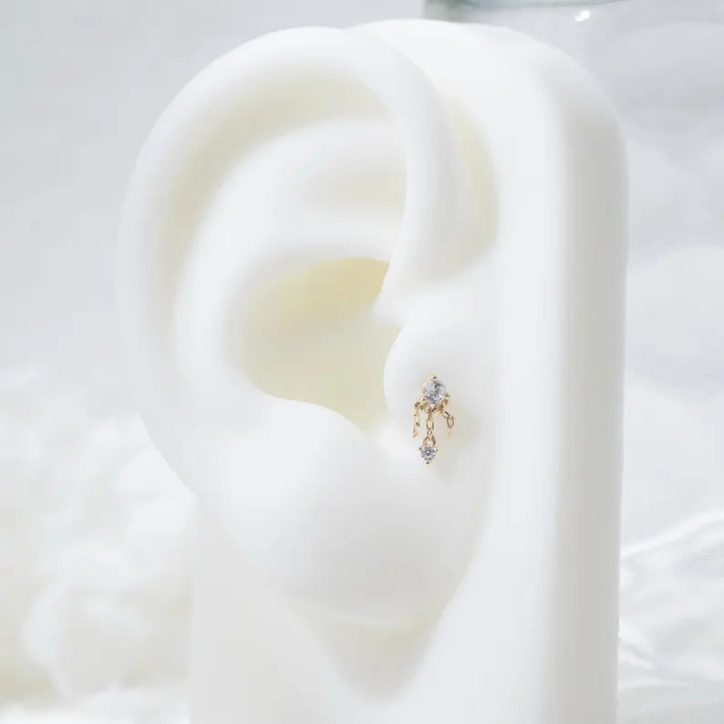 14K Gold Double Chain Cartilage Earring