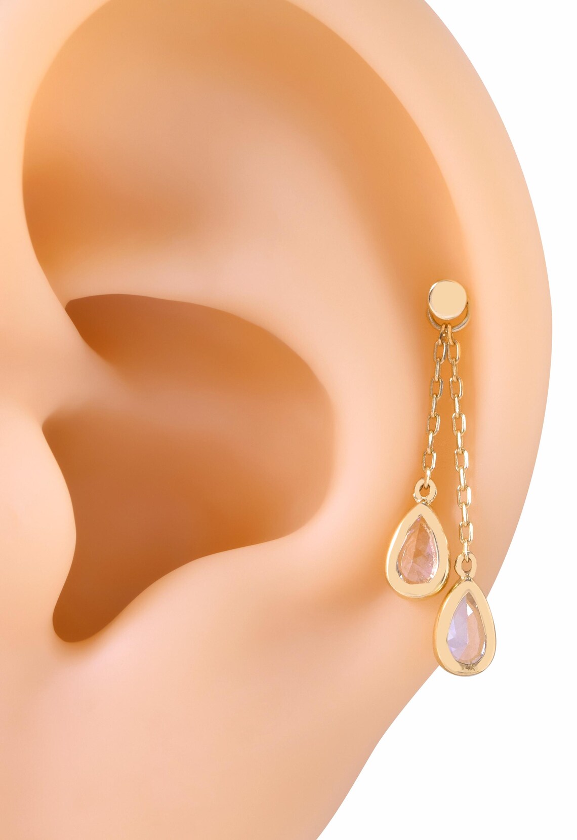 14K Gold Drop Stone Chain Dangle Hoop Charm