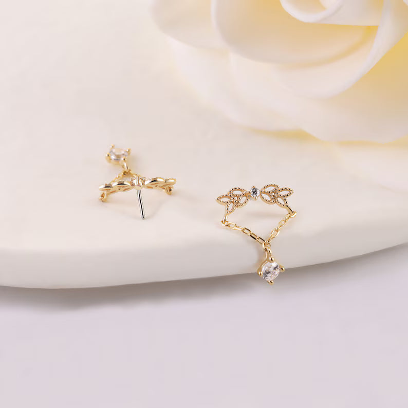14K Gold Angel Wing Dangle Chain Earring