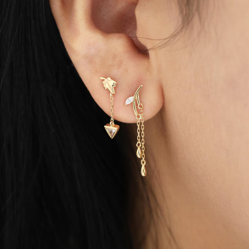 14K Gold Leaf Dangle Cartilage Stud