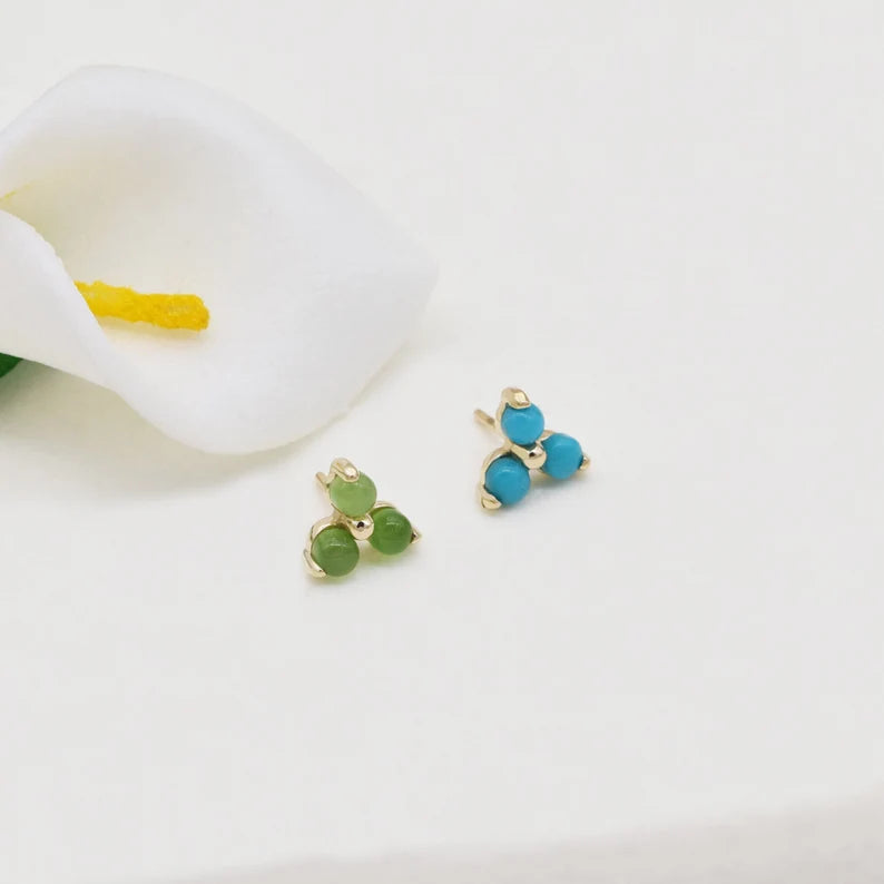 14K Solid Gold Turquoise & Jade Cartilage Stud Earring