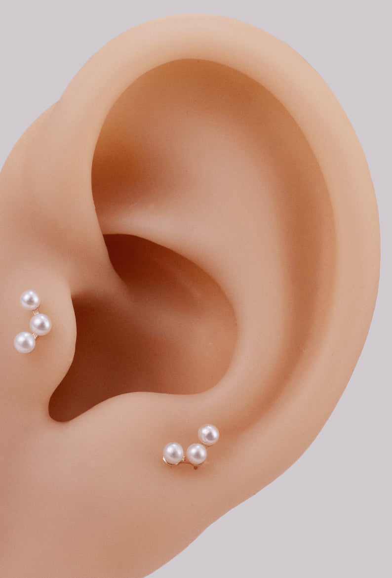 14K Gold Trinity Pearl Stud Earring