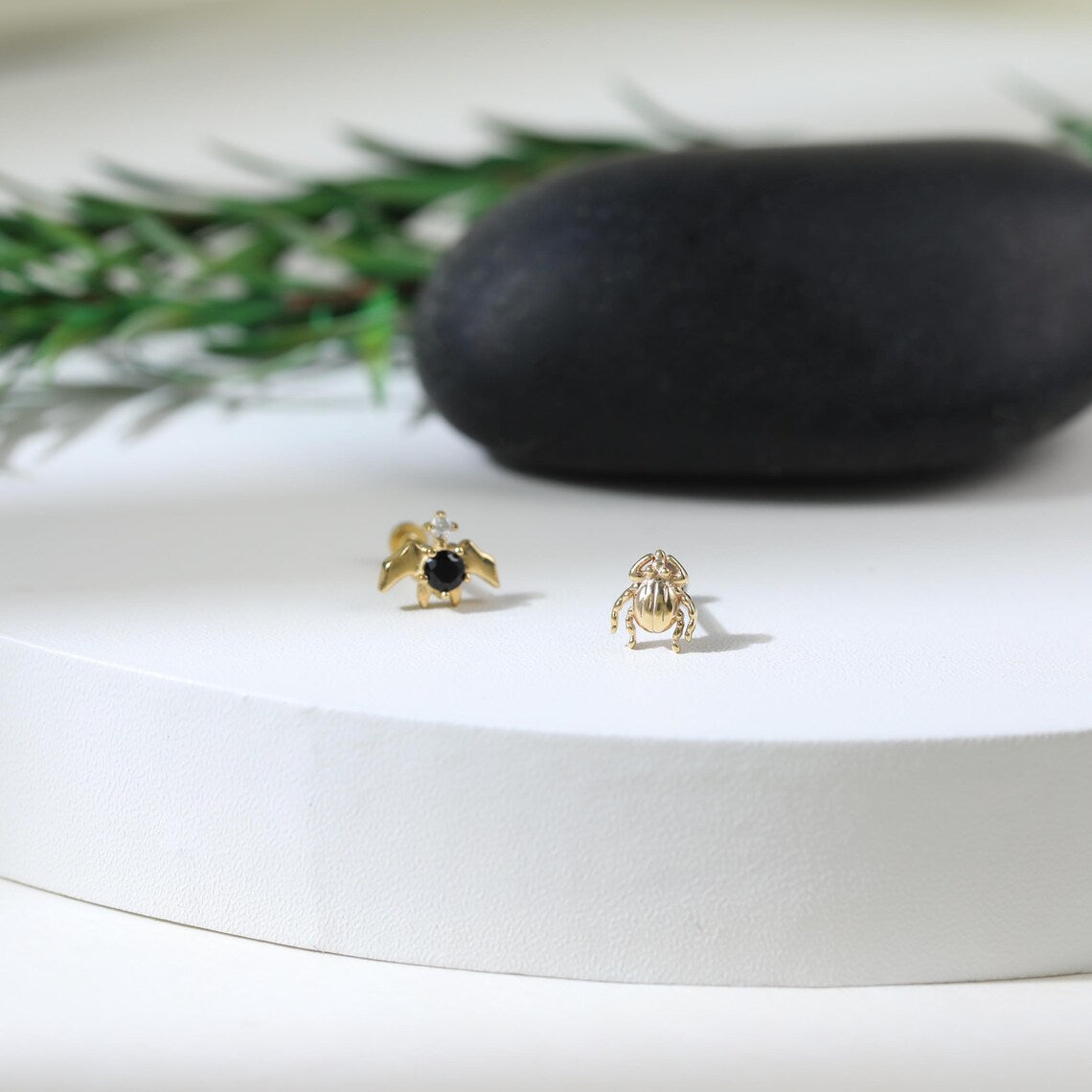 14K Gold Beetle & Bat Cartilage Earring