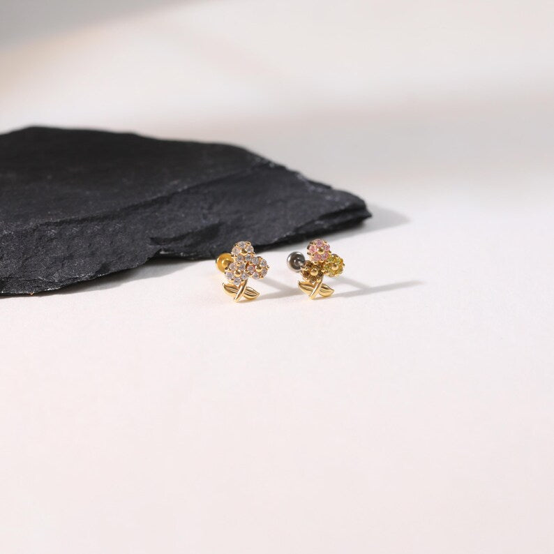 14K Solid Gold Flower Cartilage Stud Flat Back