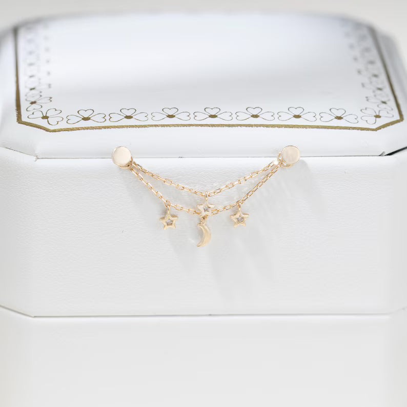 14K Solid Gold Moon Star Chain Charm