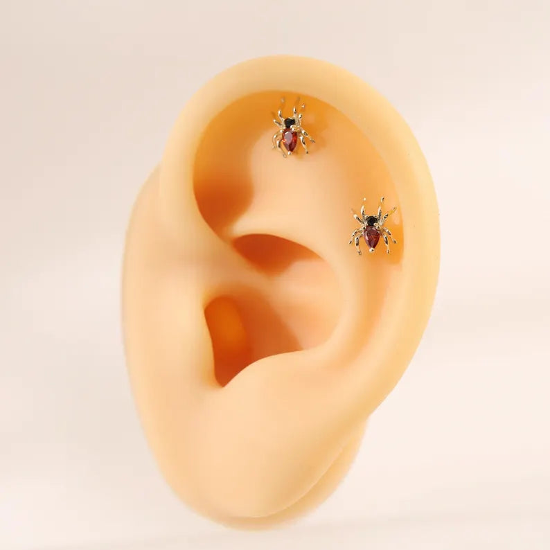 14K Solid Gold Red Spider Stud Earring for Cartilage