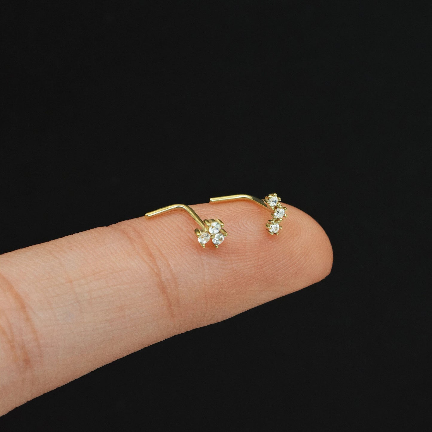 14K Solid Gold Three Stone L-Shape Nose Stud 20g