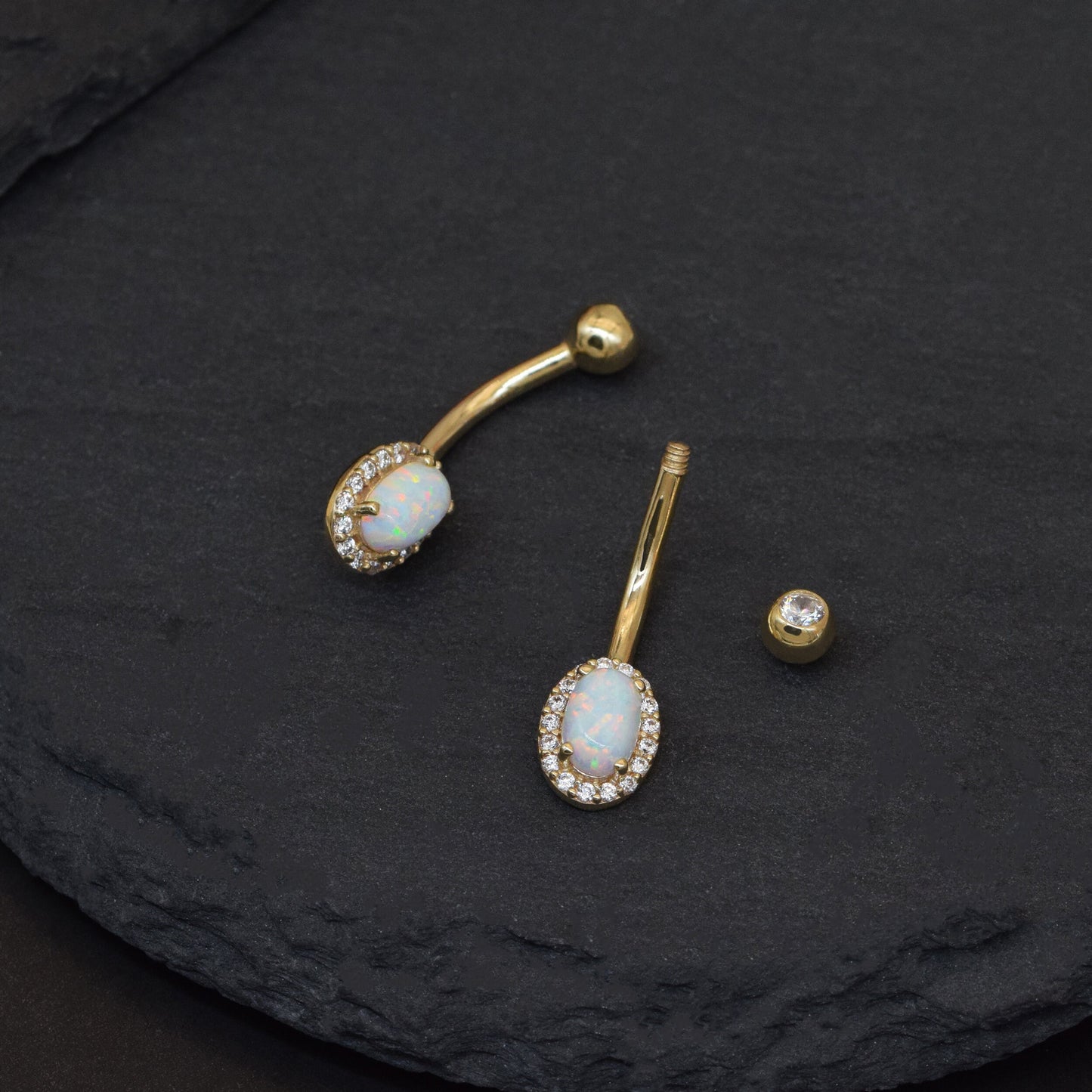 14K Solid Gold Oval Opal Belly Button Ring with Diamond Barbell 14g